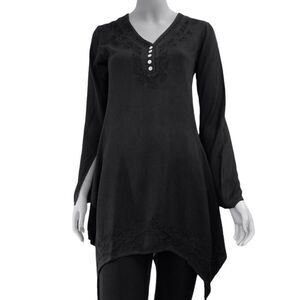 Black Embroidery V Neck Long Sleeve Back Tie Asymmetric Long Chemise Top NEW